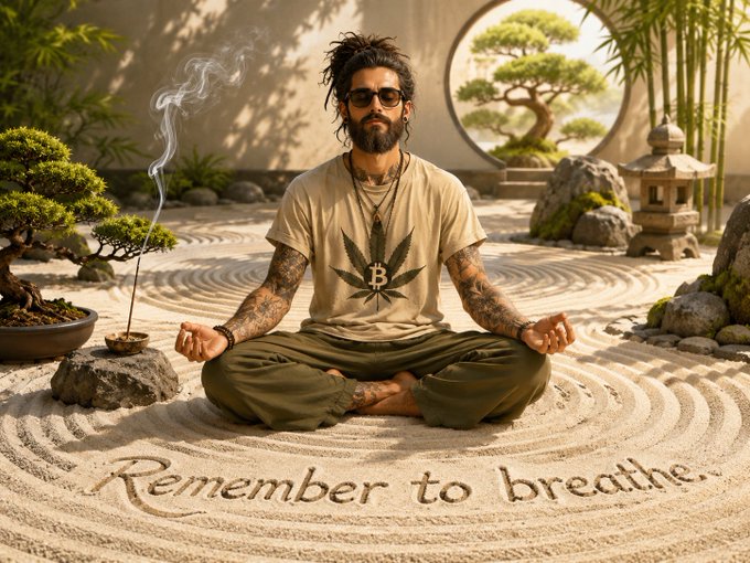 A tattooed man with a beard and sunglasses sits cross-legged in a meditative pose in a zen garden with raked sand, bonsai trees, and bamboo, wearing a t-shirt with a cannabis leaf and Bitcoin symbol, with 'Remember to breathe.' written in the sand in front of him.