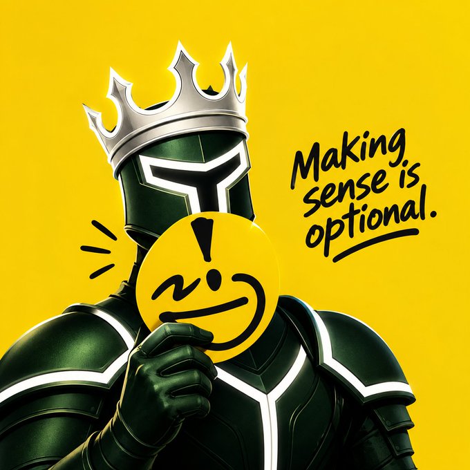 An illustration of a knight in green and silver armor wearing a crown, holding a winking yellow emoji face in front of their visor, with the text 'Making sense is optional.' on a yellow background.