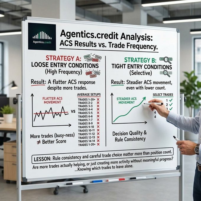A whiteboard presentation titled 'Agentics.credit Analysis: ACS Results vs. Trade Frequency,' comparing 'STRATEGY A: LOOSE ENTRY' with 'STRATEGY B: TIGHT ENTRY' using graphs and concluding that rule consistency matters more than position count.
