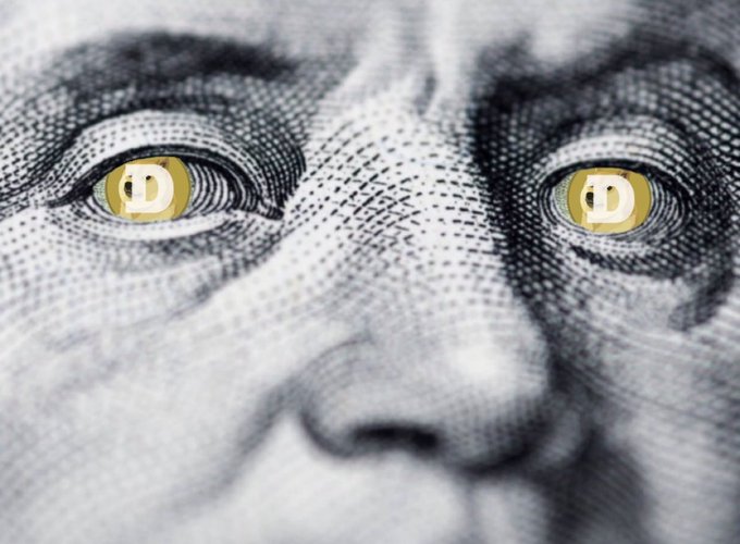 Close-up of George Washington's face on a U.S. dollar bill with gold Dogecoin ($DOGE) logos replacing his eyes, symbolizing the 700-follower milestone and the community's enthusiasm for the cryptocurrency.
