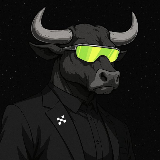 A stylized illustration of a black bull wearing glowing green sunglasses and a dark suit with a small checkered logo pin, set against a starry black background. The image visually represents the "Bull" (bullish market) theme of the $XBULL token.