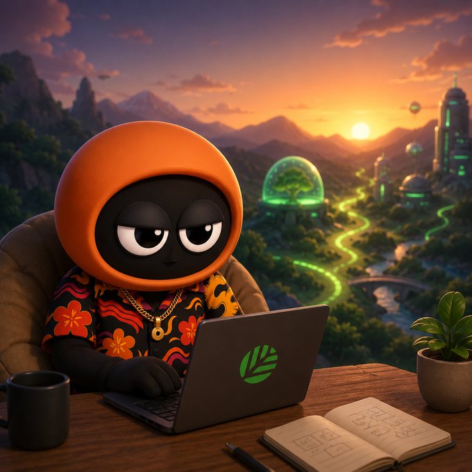 The image features an orange-faced cartoon character sitting at a desk, using a laptop computer while wearing a hoodie with a flower design. The setting appears to be a workspace or office environment, as there are several potted plants around the room. A book is also visible on the desk next to the laptop. The post seems to discuss the importance of AI in appchain development and how it can help create safer and more efficient applications by providing a better starting point for testing and security.