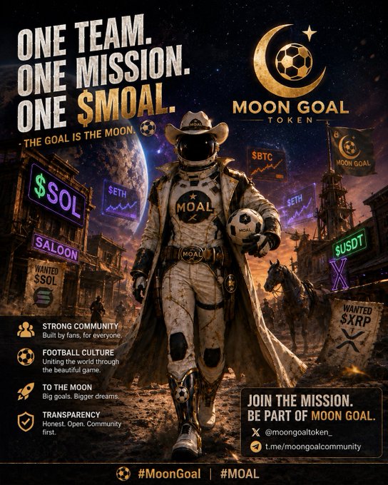 A promotional poster for 'MOON GOAL TOKEN' featuring an astronaut in a cowboy hat holding a soccer ball, with text 'ONE TEAM. ONE MISSION. ONE SMOAL. THE GOAL IS THE MOON' alongside tags for $BTC, $ETH, $SOL, $SUSD, $X, and social media handles @moongoaltoken_ and t.me/moongoalcommunity.