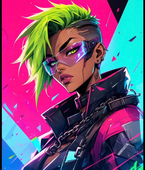 A cyberpunk-style illustration features a character with vibrant green hair, futuristic purple visor glasses, and a studded jacket, set against a neon pink and cyan background.