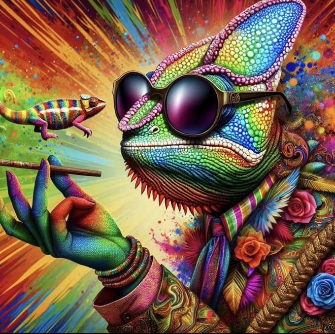 A vibrant, colorful digital illustration of a chameleon wearing sunglasses and a stylish outfit, holding a cigarette holder, with a smaller lizard in the background and bright paint splatter effects.