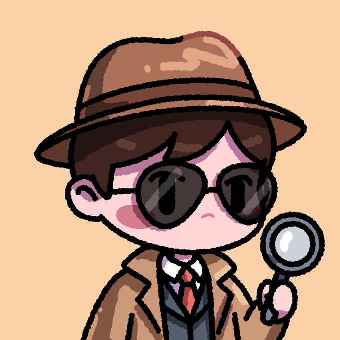 A cartoon illustration of a chibi-style detective wearing a brown fedora, dark round sunglasses, a trench coat, and a red tie, holding a magnifying glass against a beige background.