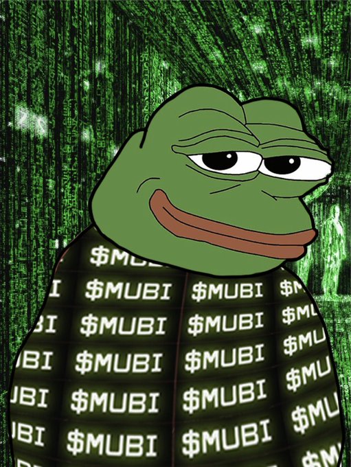 The image depicts the Pepe the Frog meme character wearing a jacket patterned with "$MUBI" text, set against a green "Matrix" code background. The "$MUBI" ticker reference and crypto-themed visual relate to the BRC-20 awareness post by symbolizing a meme coin project tied to the BRC-20 token standard on Bitcoin.