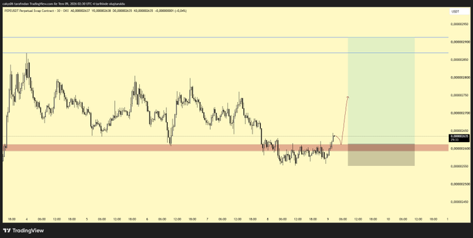 A TradingView chart of PEPEUSDT Perpetual Swap Contract on Binance shows a 30-minute timeframe with a long entry near 0.00000630, projecting a bullish move with a target zone shaded in green toward 0.00000900+. The setup reflects the post's "1/4.8R" risk-to-reward ratio, marked by the red entry line and the projected upward arrow within the highlighted target box.