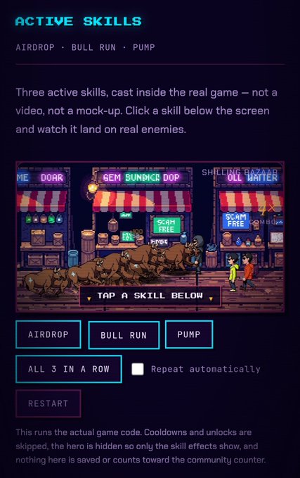 A mobile game interface showing 'ACTIVE SKILLS: AIRDROP, BULL RUN, PUMP' with a pixel-art shop scene and buttons to activate each skill.