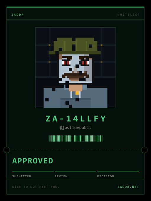 A digital whitelist approval card from Zaddr displays a pixel-art character avatar with the username "@justloveabit" and ID "ZA-14LLFY" marked as "APPROVED," corresponding to the post about successfully passing whitelist review and now having the ability to nominate another person.