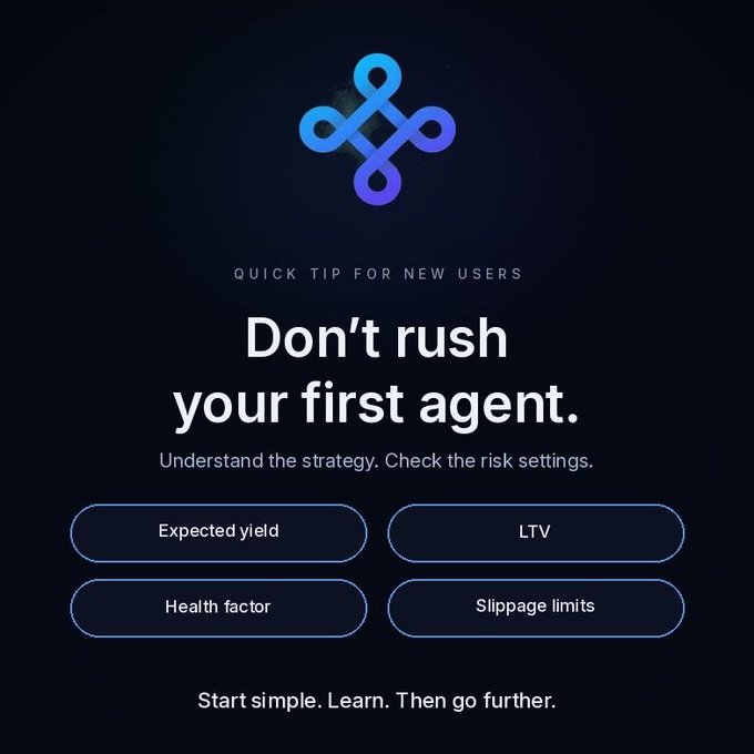 A dark-themed infographic displays a 'QUICK TIP FOR NEW USERS' advising 'Don't rush your first agent,' with options for Expected yield, LTV, Health factor, and Slippage limits.