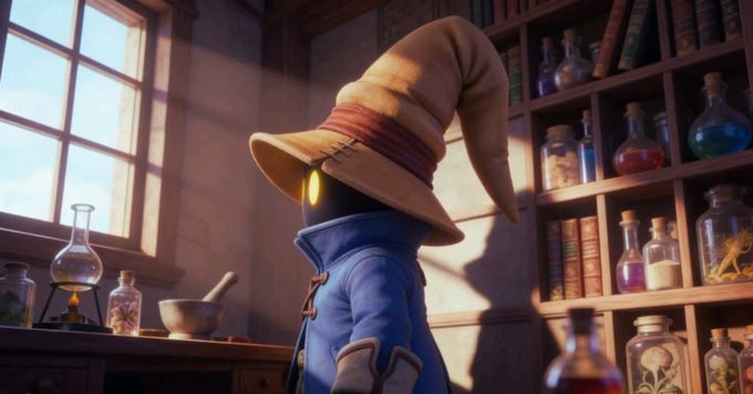 A 3D-rendered wizard character wearing a tall pointed hat and blue robe, standing in a sunlit potion room filled with shelves of glowing bottles and a mortar and pestle.