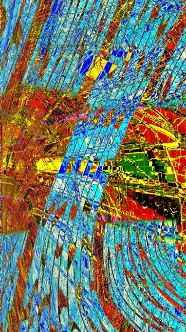 A vibrant abstract digital artwork featuring sweeping curved blue lines overlaid on a textured background of red, yellow, and green colors.