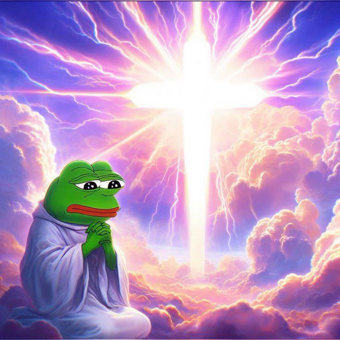 Sad Pepe, dressed as a praying figure with teary eyes, kneels before a glowing heavenly cross amid dramatic purple and pink storm clouds, symbolizing a solemn prayer or moral lesson. The image visually echoes the post's warning tone, portraying the frog as a remorseful figure imploring NFT creators not to "break" their community's hype by over-allocating or changing supply without justification.