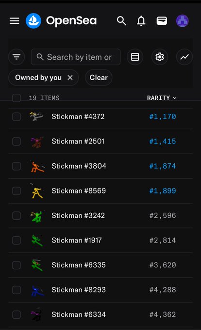 An OpenSea mobile interface displaying 19 items in a user's collection, showing various Stickman NFTs (#4372, #2501, #3804, etc.) with their floor prices in ETH ranging from #1,170 to #4,362.