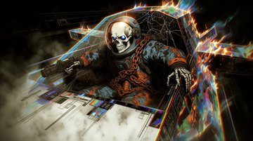 A dark, eerie illustration shows a skull-faced figure in robes surrounded by glitch-like chromatic aberration and flame effects.