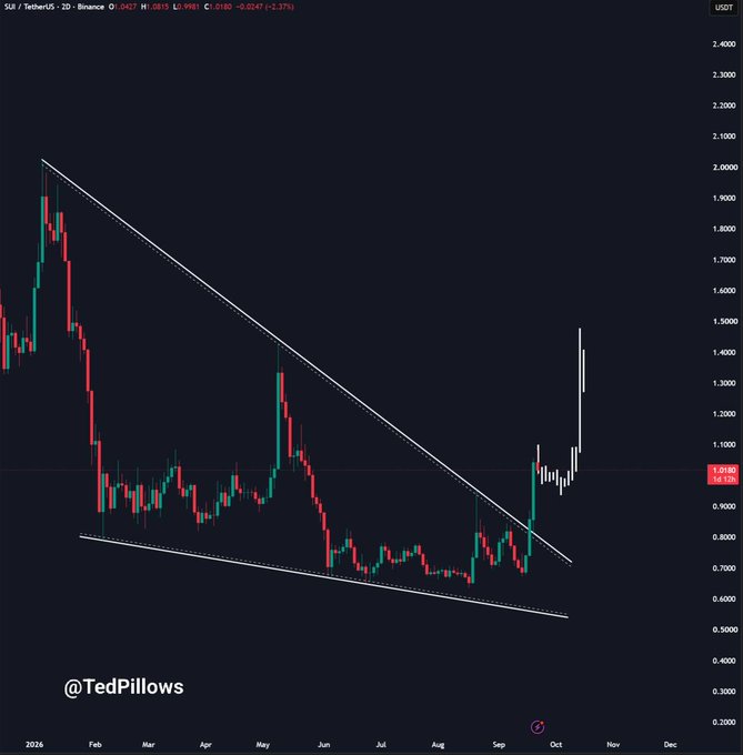 A SUI/TetherUS (USDT) cryptocurrency trading chart on Binance showing a descending wedge pattern breakout with a significant price surge in October, credited to '@TedPillows'.