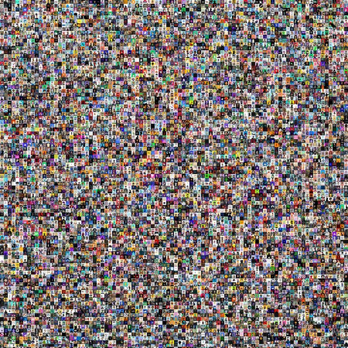 A dense mosaic composed of thousands of tiny profile pictures, likely a collection of NFT avatars or social media icons.