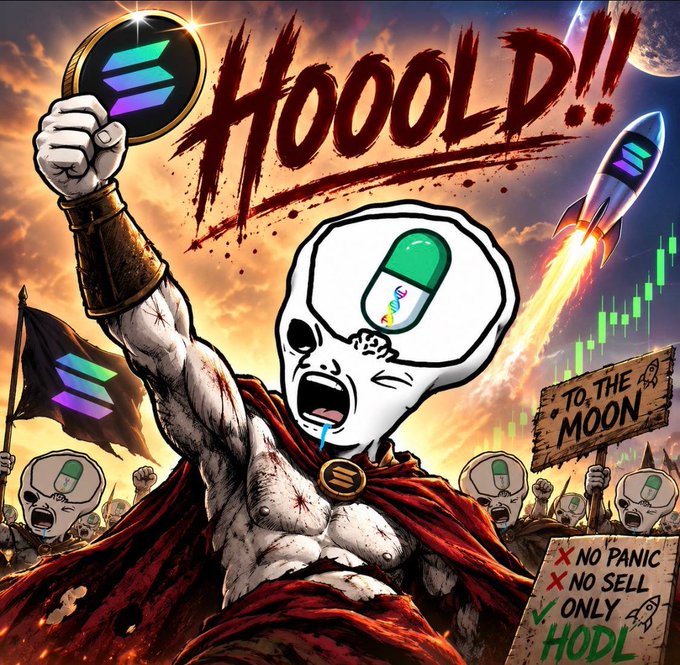 A meme-style digital artwork parodying '300' featuring characters with pill-headed faces, the Solana logo, a rocket, and signs reading 'TO THE MOON', 'NO PANIC', 'NO SELL', and 'ONLY HODL'.