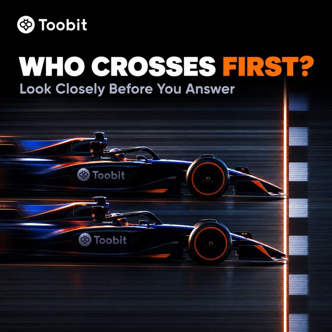 A dramatic photo-finish racing graphic featuring two Toobit-branded Formula-style cars speeding toward a checkered finish line, with bold text asking "WHO CROSSES FIRST? Look Closely Before You Answer" — prompting viewers to judge which car wins the close race, tying into the TIFT 2026 trading competition referenced in the post.