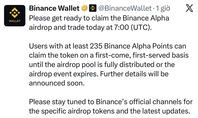 A tweet from Binance Wallet (@BinanceWallet) announcing a Binance Alpha airdrop event at 7:00 UTC, requiring users to have at least 235 Binance Alpha Points to claim tokens on a first-come, first-served basis.