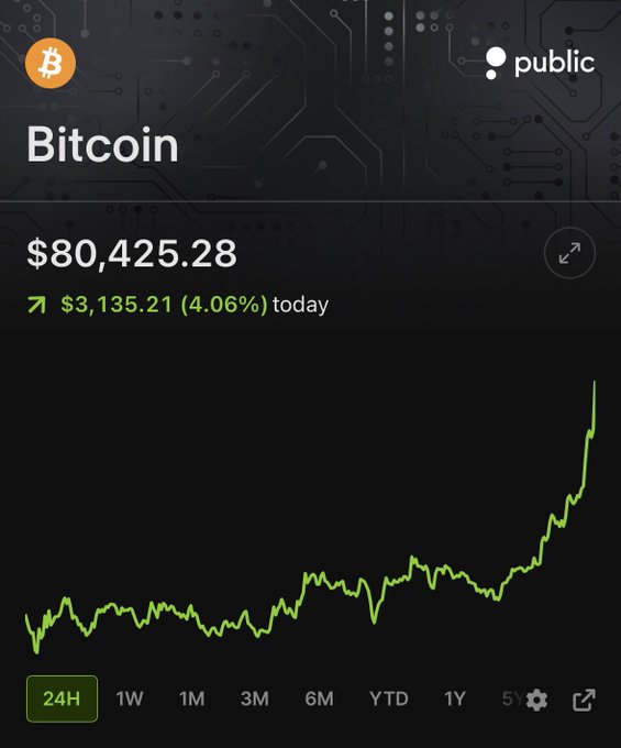The image shows a Public app screenshot displaying Bitcoin (BTC) trading at $80,425.28, up $3,135.21 (4.06%) over the past 24 hours, with a green upward-trending chart confirming the post's claim that Bitcoin has surged back above the $80,000 mark.