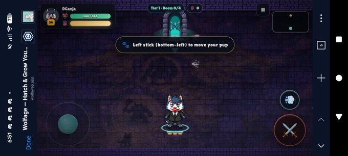 A mobile game screenshot titled 'Wolfage – Hatch & Grow Your...' showing a character in a dungeon setting with a tutorial message: 'Left stick (bottom-left) to move your pup'.