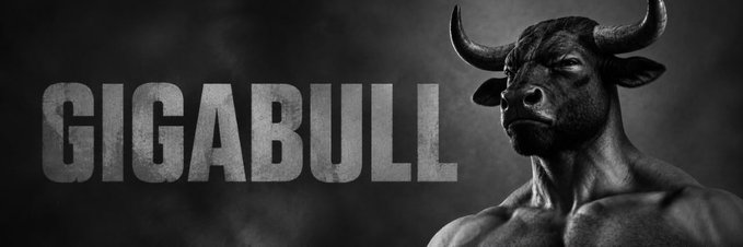 A muscular bull with imposing horns stands against a dark, smoky background next to the bold, weathered text "GIGABULL," matching the $GIGABULL memecoin stealth launch promotion offering free token distribution to participants.