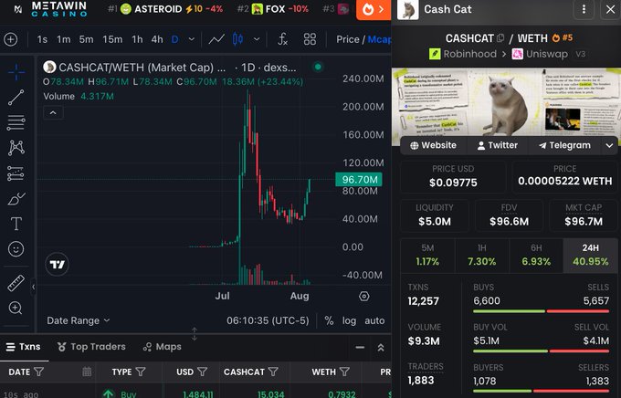 A Metawin Casino trading dashboard displays the CASHCAT/WETH chart with a recent ~40.95% surge over 24 hours to a market cap of $96.7M, showing volume of $9.3M across 12,257 transactions and linking to Robinhood and Uniswap v3 as the post cites rumors of a potential Robinhood listing.