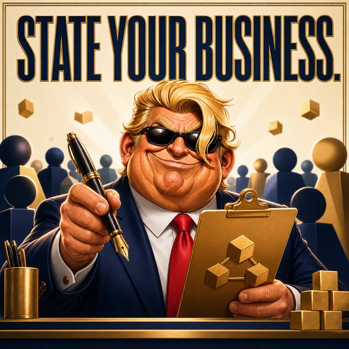 A stylized caricature poster with the headline 'STATE YOUR BUSINESS,' depicting a blonde man in a suit and sunglasses holding a fountain pen and clipboard with a cube logo.