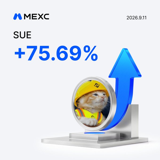 MEXC promotional graphic dated 2026.9.11 highlighting the SUE token's surge of +75.69%, featuring a 3D render of a cat wearing a yellow hard hat and safety vest inside a circular coin emblem beside a large blue upward arrow, reinforcing the post's message that $SUE is "mooning" with a link to trade SUE_USDT futures on mexc.com.