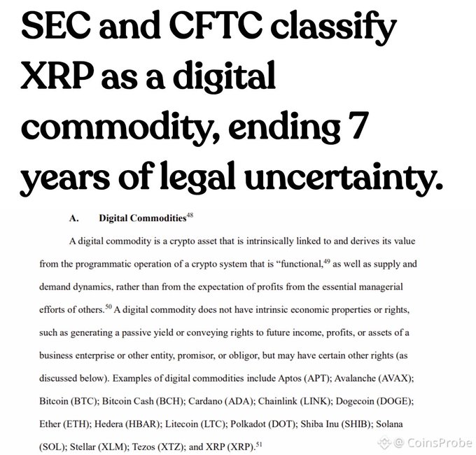 A graphic from CoinsProbe displays the headline 'SEC and CFTC classify XRP as a digital commodity, ending 7 years of legal uncertainty,' along with an excerpt defining digital commodities that lists XRP (XRP), Bitcoin (BTC), and others.
