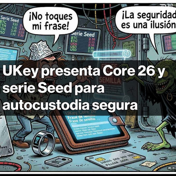 A cartoon illustration with Spanish text overlays '¡No toques mi frase!' and '¡La seguridad es una ilusión', plus a banner reading 'UKey presenta Core 26 y serie Seed para autocustodia segura' over a comic scene of characters and a 'Serie Seed' device.