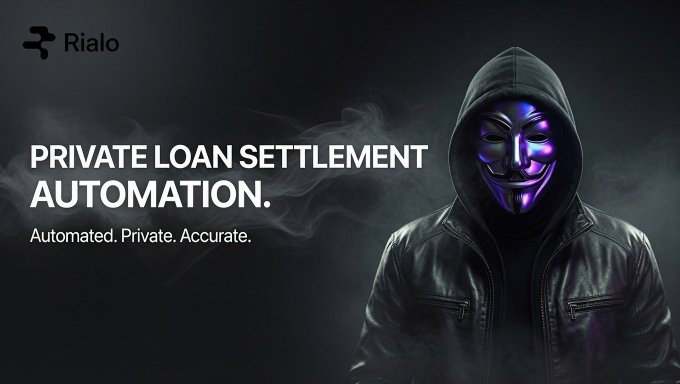 A dark advertisement for 'Rialo Private Loan Settlement Automation' featuring a figure wearing a Guy Fawkes mask and black leather jacket, with the tagline 'Automated. Private. Accurate.'