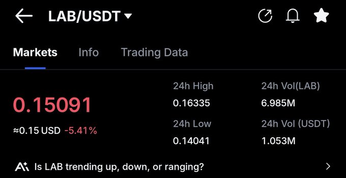 A crypto trading screen displays the LAB/USDT pair at $0.15091 USD, down 5.41% in 24 hours with a 24h high of $0.16335 and low of $0.14041, supporting the claim of an ongoing price decline. The visible losses align with the post's criticism of the LAB token's daily price drops.