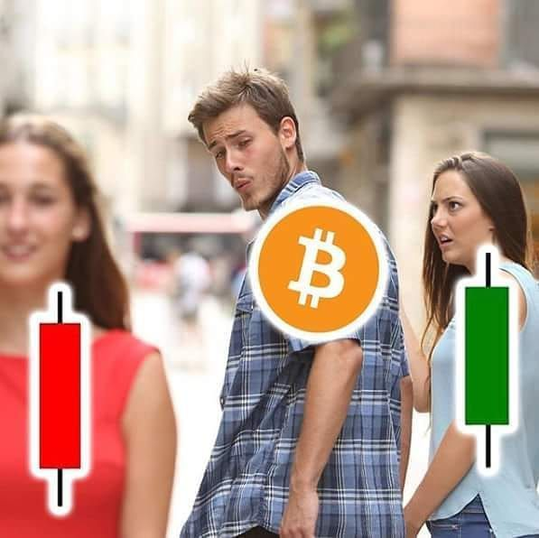 This meme shows a man, representing traders, looking back at his Bitcoin ($BTC) interest (orange Bitcoin logo) while his current relationship, represented by a red (down) candlestick, is ignored in favor of a green (up) candlestick. This visually expresses the desire for Bitcoin to reach $100,000+ again, implying a bullish outlook.