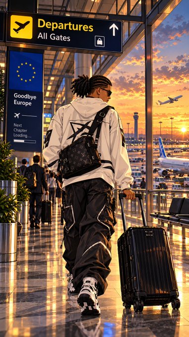 A traveler with a backpack and rolling suitcase walks through an airport under a 'Departures' sign with a sunset visible outside.
