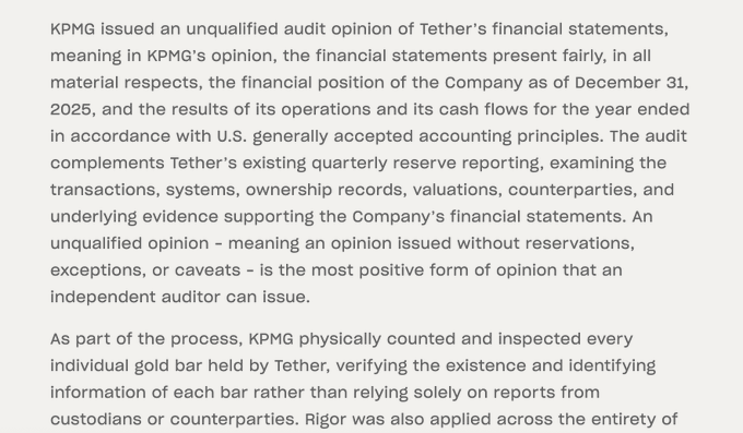 An excerpt from a Tether announcement stating that KPMG issued an unqualified audit opinion of Tether's financial statements as of December 31, 2025, with KPMG physically counting and inspecting every individual gold bar held by Tether.