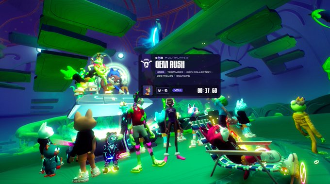 A vibrant virtual gathering in a green-lit sci-fi environment features numerous colorful avatar characters, with a prominent leaderboard display reading 'GEM RUSH' alongside categories like 'LEADER', 'TEAM GEM', and 'GEM COLLECTION', showing a timer at '00:37:60'.