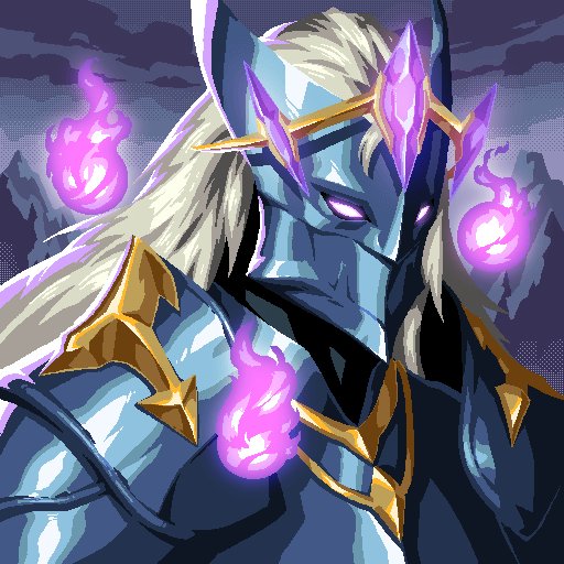 Pixel art illustration of an armored fantasy character with a blue/gold helmet featuring purple crystal spikes, white hair, and purple flame-like orbs floating around them.