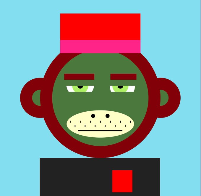 A cartoon-style illustration of a green monkey face with a stern expression, wearing a red and pink cap, resembling a character from a Web3 NFT project.