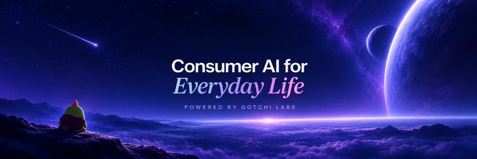 A banner with the text 'Consumer AI for Everyday Life' and 'POWERED BY GOTCHI LABS' set against a purple cosmic background with a small hooded figure looking out at planets.
