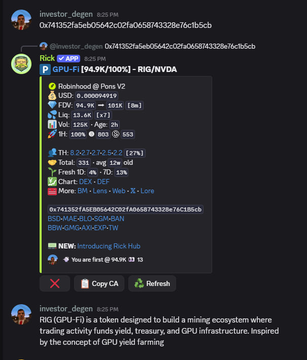 A Discord chat screenshot showing a crypto risk analysis for token 'degen' ($RIQ/NVIDIA) with a Liquidity score of 94.9/100 and a developer token warning.
