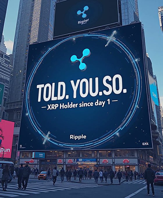 The image shows a large billboard with a blue background, featuring an advertisement for Ripple cryptocurrency. The text on the billboard reads "Told You So. XP HODDER since day 1", indicating that Ripple has been trading since its initial launch. The billboard is located in a busy city street filled with people walking around and cars driving by.