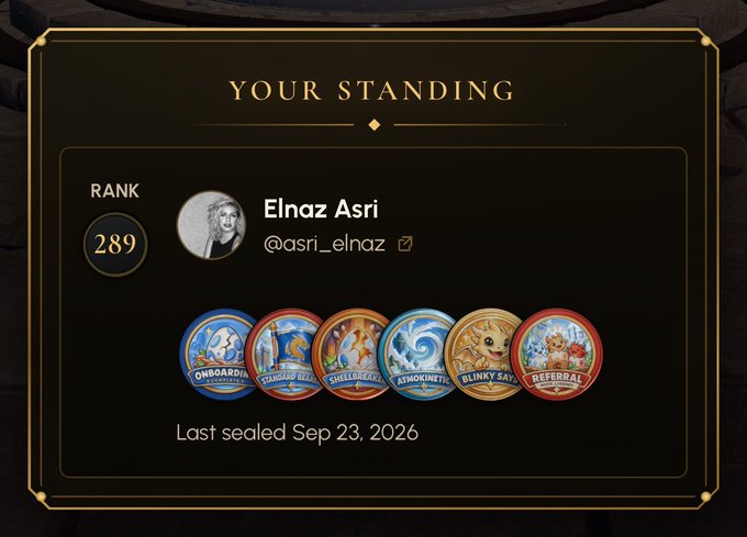 A digital standing display showing rank 289 for user "Elnaz Asri" (@asri_elnaz) with six collectible badges (including OnBoarding, Standard Key, Blinky Bay, and DefeGod) and a last sealed date of Sep 23, 2026.