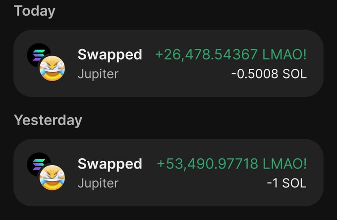 A screenshot of a cryptocurrency wallet showing two swap transactions to Jupiter, receiving +26,478.54367 LMAO for -0.5008 SOL today and +53,490.97718 LMAO for -1 SOL yesterday.