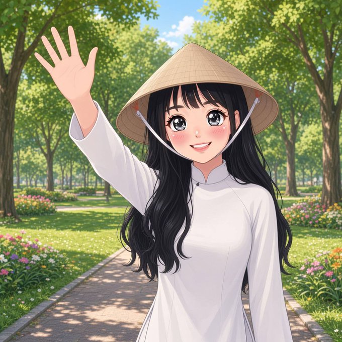 An anime-style illustration of a smiling black-haired girl wearing a traditional Vietnamese conical hat (nón lá) and a white áo dài, waving in a sunlit park with flowers and trees.