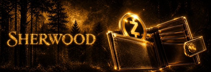 A dark banner with the word 'SHERWOOD' in gold text beside a glowing wallet featuring a Zcash cryptocurrency coin, set against a forest background.