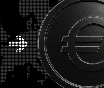 A black, metallic Euro coin is prominently displayed on the right side of the image, set against a dark background featuring a pixelated world map with a white arrow pointing right.