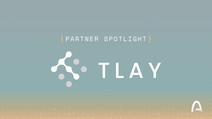 The image displays a "Partner Spotlight" graphic featuring the TLAY logo (a network of connected nodes) on a light blue gradient background, with a small Acc logo in the bottom right corner. It serves as the visual header for a spotlight feature on TLAY, an Arc partner showcasing how devices can autonomously hold wallets, read price signals, and settle USDC transactions without custodial intermediaries.